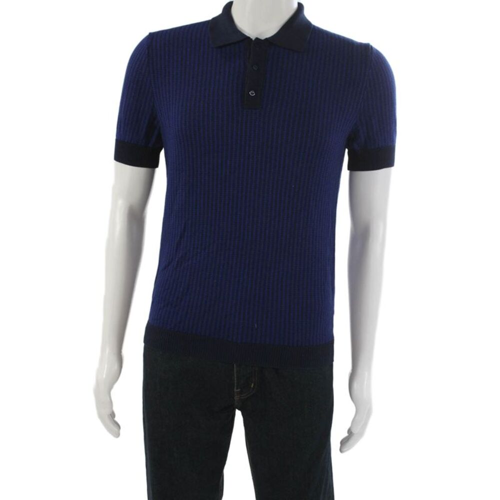 Max N Chester Mens Short Sleeve Collared Knit Striped Polo Shirt Blue Size Small